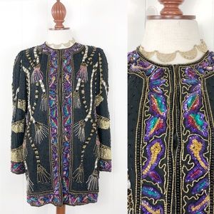 VTG LAURENCE KAZAR Long Jacket Sequins Beads Silk